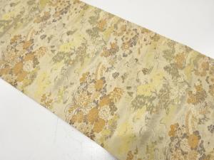 アンティーク　水辺に花・鶴模様織り出し名古屋帯（材料）